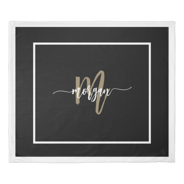 Black Gold Modern Script Girly Monogram Name Duvet Cover (Front)