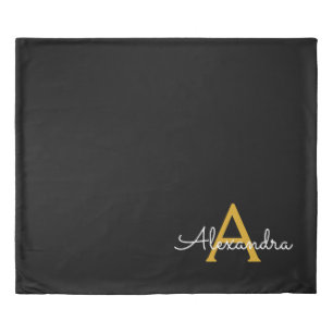Black Gold Modern Script Girly Monogram Name Duvet Cover
