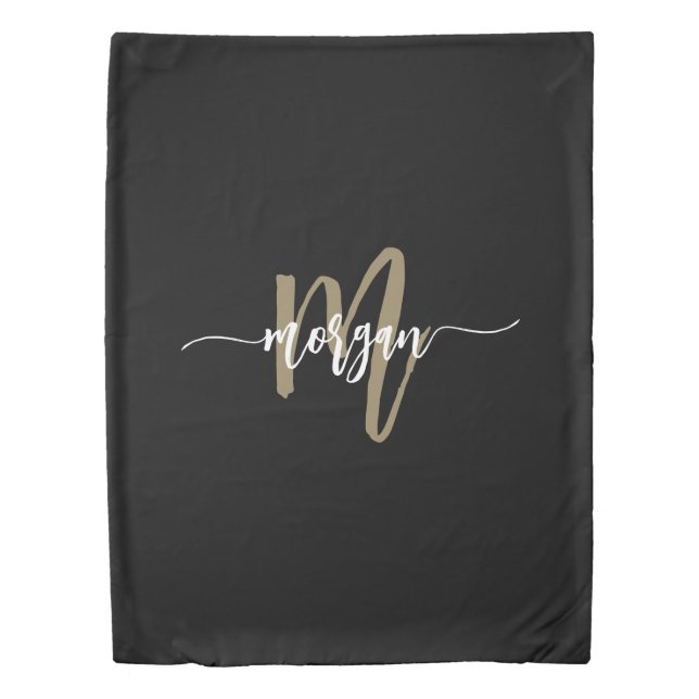 Black Gold Modern Script Girly Monogram Name Duvet Cover (Front)