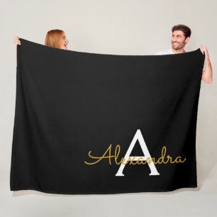 Black Gold Modern Script Girly Monogram Name Fleece Blanket