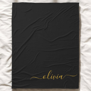 Black Gold Modern Script Girly Monogram Name Fleece Blanket