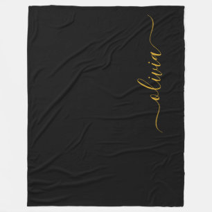Black Gold Modern Script Girly Monogram Name Fleece Blanket