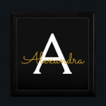 Black Gold Modern Script Girly Monogram Name Gift Box<br><div class="desc">Black and Gold Simple script Monogram Name Jewelry Keepsake Box. This makes the perfect graduation,  birthday,  wedding,  bridal shower,  anniversary,  baby shower or bachelorette party gift for someone that loves glam luxury and chic styles.</div>