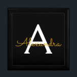 Black Gold Modern Script Girly Monogram Name Gift Box<br><div class="desc">Black and Gold Simple script Monogram Name Jewelry Keepsake Box. This makes the perfect graduation,  birthday,  wedding,  bridal shower,  anniversary,  baby shower or bachelorette party gift for someone that loves glam luxury and chic styles.</div>