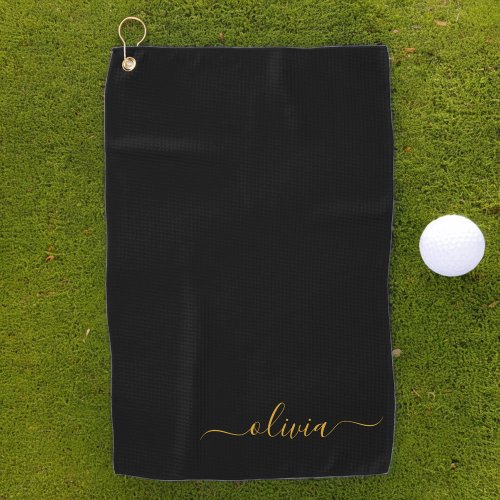 Black Gold Modern Script Girly Monogram Name Golf Towel