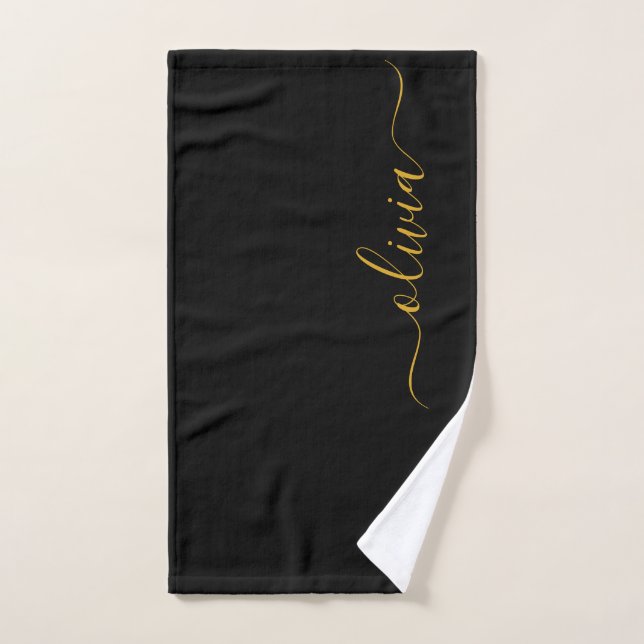 Black Gold Modern Script Girly Monogram Name Hand Towel (Hand Towel)