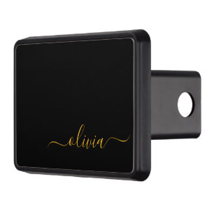Black Gold Modern Script Girly Monogram Name Hitch Cover