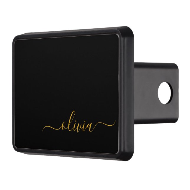 Black Gold Modern Script Girly Monogram Name Hitch Cover (Left)