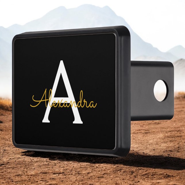 Black Gold Modern Script Girly Monogram Name Hitch Cover (Creator Uploaded)