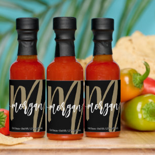 Black Gold Modern Script Girly Monogram Name Hot Sauces