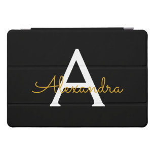 Black Gold Modern Script Girly Monogram Name iPad Pro Cover