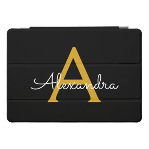 Black Gold Modern Script Girly Monogram Name iPad Pro Cover