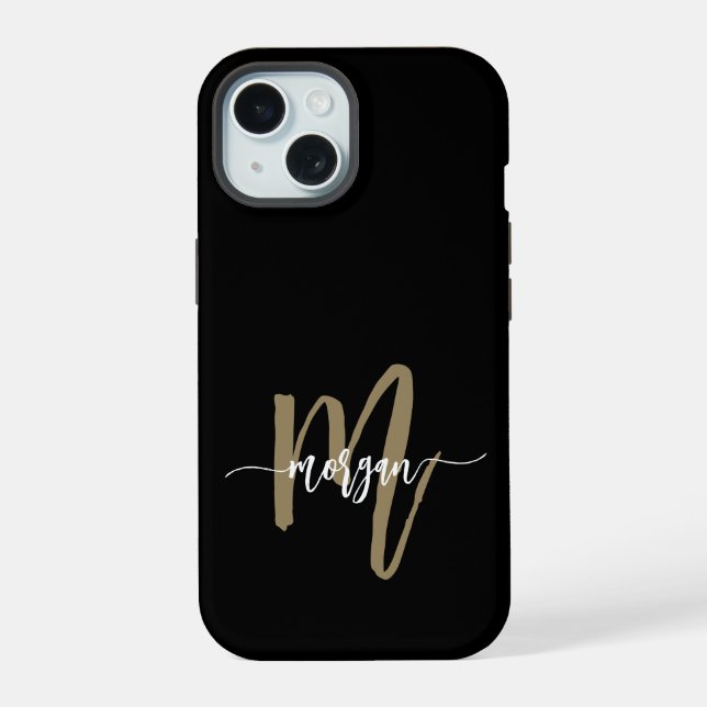 Black Gold Modern Script Girly Monogram Name Iphone Case (Back)