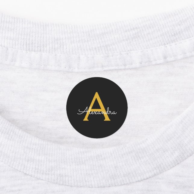 Black Gold Modern Script Girly Monogram Name Labels (Affixed)