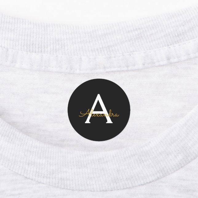 Black Gold Modern Script Girly Monogram Name Labels (Affixed)