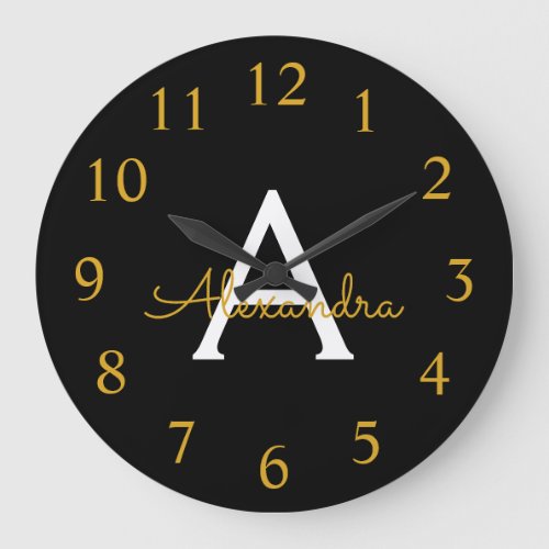 Black Gold Modern Script Girly Monogram Name Large Clock