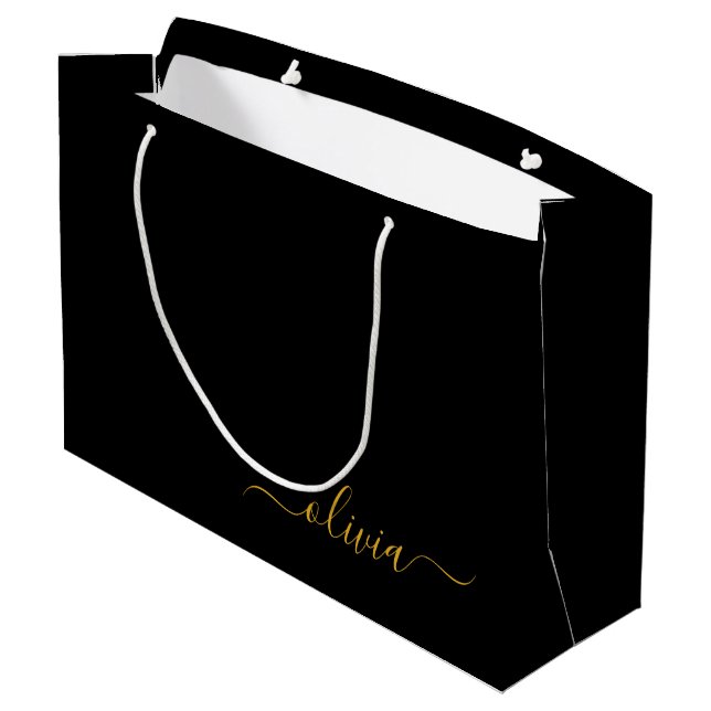 Black Gold Modern Script Girly Monogram Name Large Gift Bag (Back Angled)