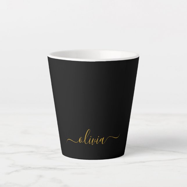 Black Gold Modern Script Girly Monogram Name Latte Mug (Front)