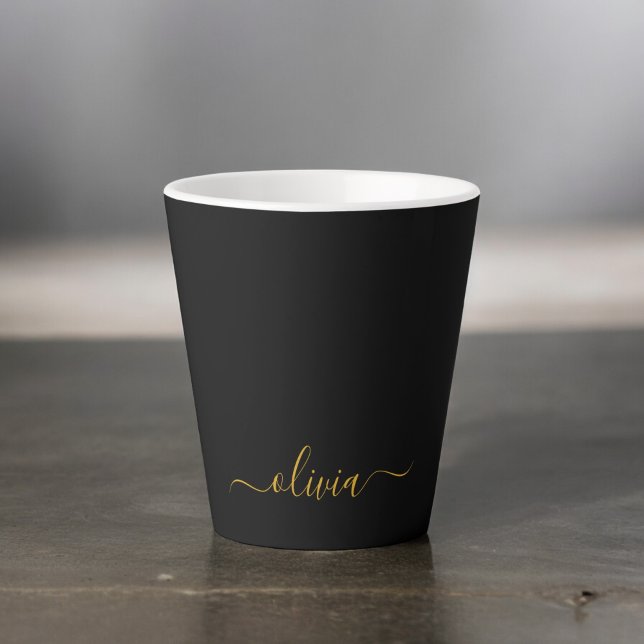 Black Gold Modern Script Girly Monogram Name Latte Mug (Creator Uploaded)