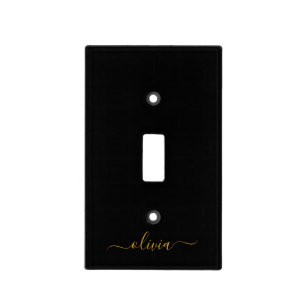 Black Gold Modern Script Girly Monogram Name Light Switch Cover