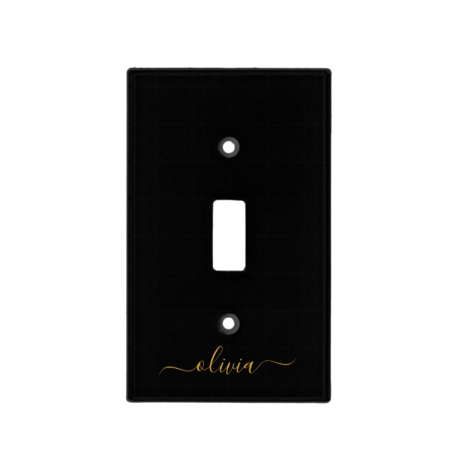 Black Gold Modern Script Girly Monogram Name Light Switch Cover (Front)