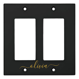 Black Gold Modern Script Girly Monogram Name Light Switch Cover