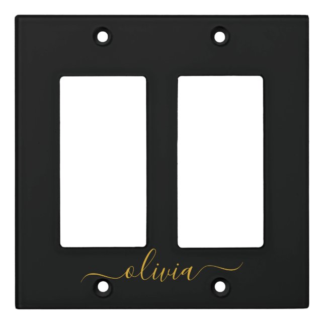 Black Gold Modern Script Girly Monogram Name Light Switch Cover (Front)