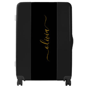 Black Gold Modern Script Girly Monogram Name Luggage