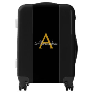 Black Gold Modern Script Girly Monogram Name Luggage