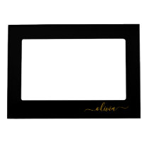 Black Gold Modern Script Girly Monogram Name Magnetic Frame