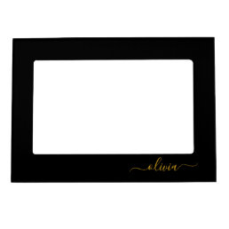 Black Gold Modern Script Girly Monogram Name Magnetic Frame