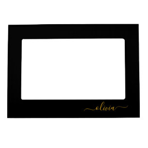 Black Gold Modern Script Girly Monogram Name Magnetic Frame
