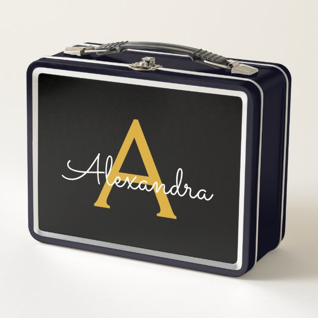 Black Gold Modern Script Girly Monogram Name Metal Lunch Box (Front)