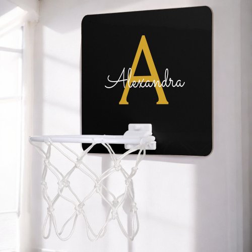 Black Gold Modern Script Girly Monogram Name Mini Basketball Hoop