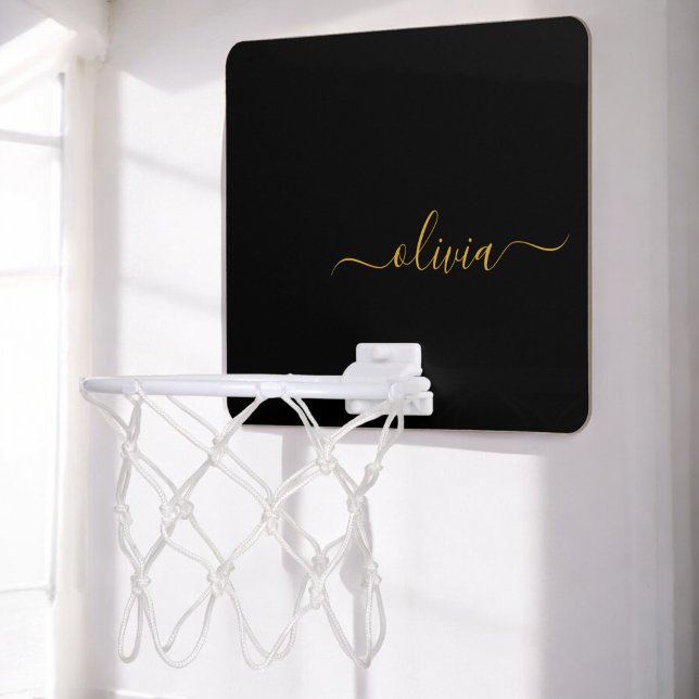 Black Gold Modern Script Girly Monogram Name Mini Basketball Hoop (Creator Uploaded)