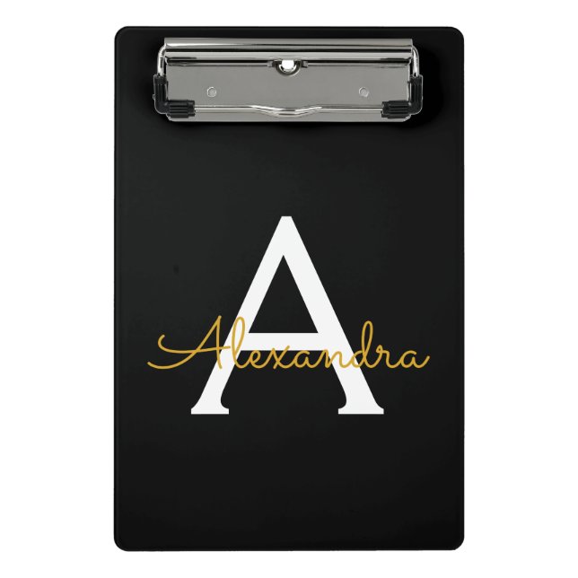 Black Gold Modern Script Girly Monogram Name Mini Clipboard (Front)