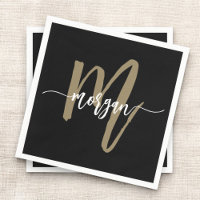 Black Gold Modern Script Girly Monogram Name