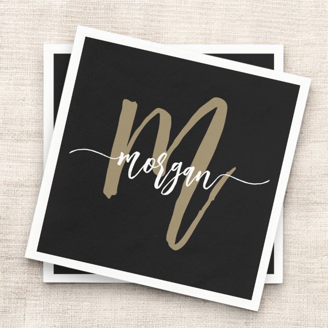 Black Gold Modern Script Girly Monogram Name Napkins (Creator Uploaded)