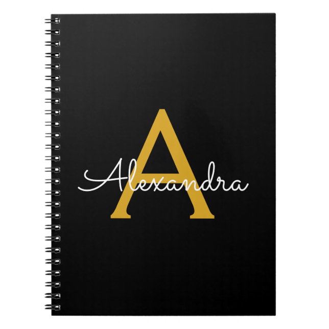 Black Gold Modern Script Girly Monogram Name Notebook (Front)
