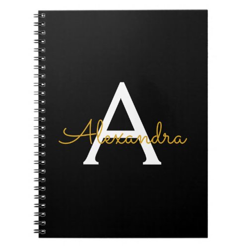 Black Gold Modern Script Girly Monogram Name Notebook