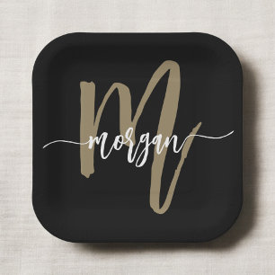 Black Gold Modern Script Girly Monogram Name Paper Plates
