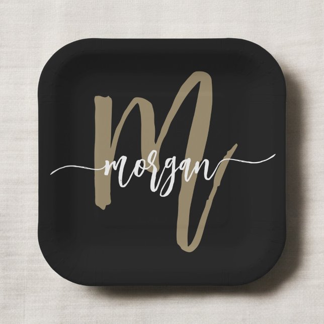 Black Gold Modern Script Girly Monogram Name Paper Plates (Creator Uploaded)