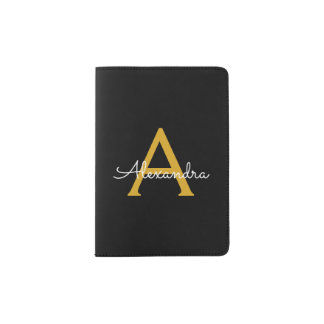 Black Gold Modern Script Girly Monogram Name Passport Holder