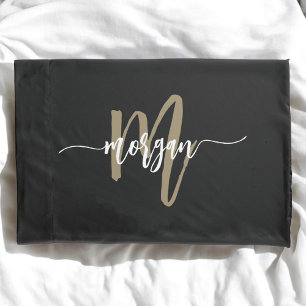 Black Gold Modern Script Girly Monogram Name Pillow Case