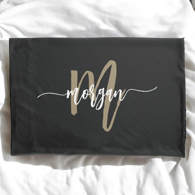 Black Gold Modern Script Girly Monogram Name Pillow Case (Creator Uploaded)