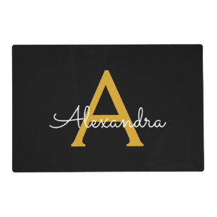 Black Gold Modern Script Girly Monogram Name Placemat