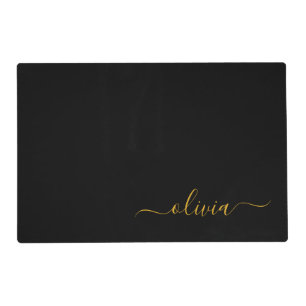 Black Gold Modern Script Girly Monogram Name Placemat
