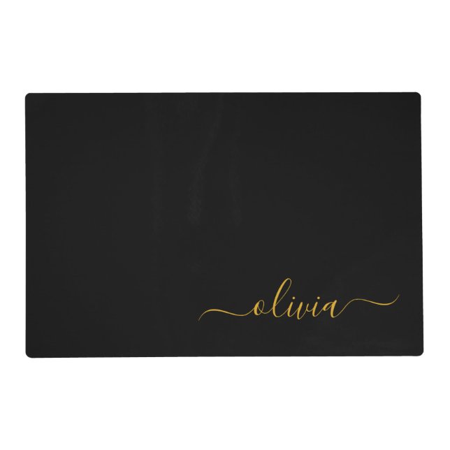 Black Gold Modern Script Girly Monogram Name Placemat (Front)