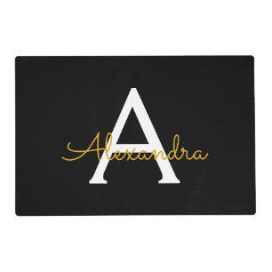 Black Gold Modern Script Girly Monogram Name Placemat