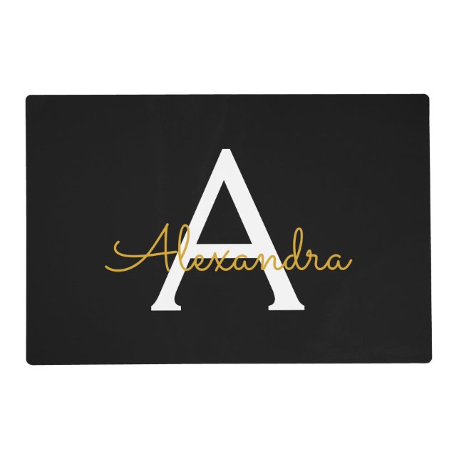 Black Gold Modern Script Girly Monogram Name Placemat (Front)